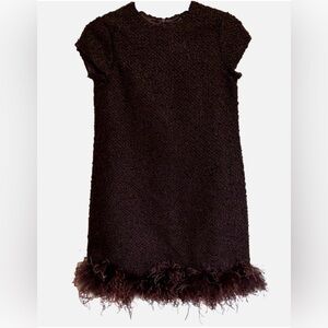 Helena Girls Brown Textured Shift Dress Ostrich Feather Hem Size 12 NWT